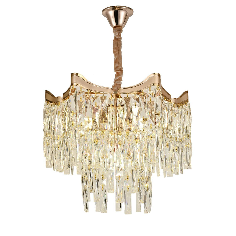 Candelabru rotund auriu 5520/400FG cu cristale in dormitor elegant, lumina ambientala calda, montaj aplicat pe tavan, design decorativ clasic