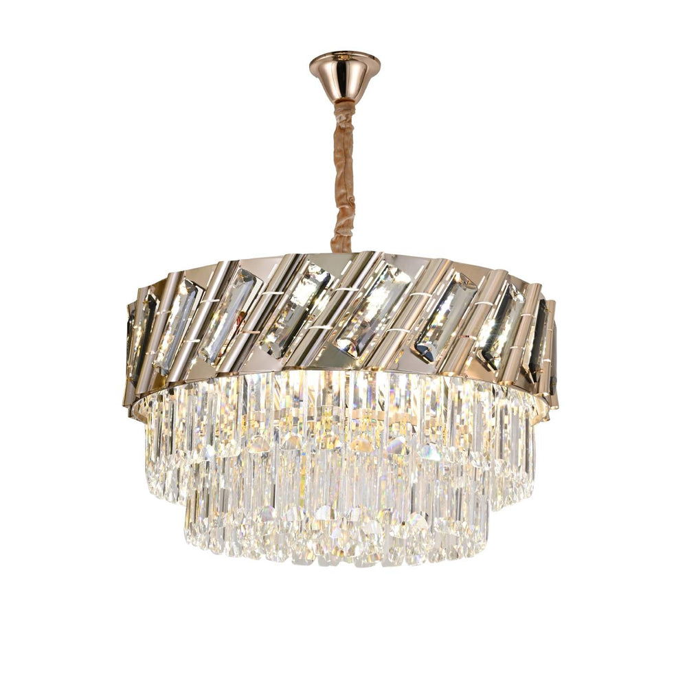 Candelabru rotund auriu Ø500 in dormitor spatios, 8 becuri E27 pentru lumina calda si atmosfera sofisticata.