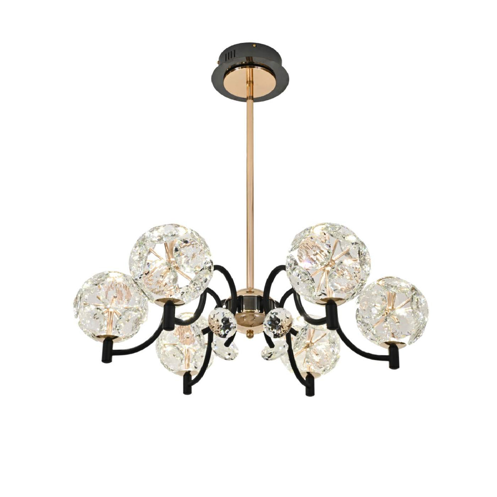 Candelabru LED negru cu detalii aurii si 6 globuri din sticla, iluminare eleganta in dormitor modern cu tonuri calde