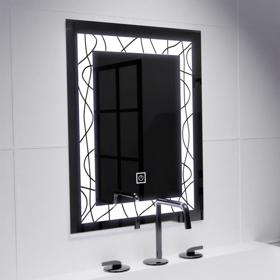 Oglinda LED 60x80 cm cu touch, design modern si iluminare eficienta, ideala pentru bai si dormitoare contemporane.
