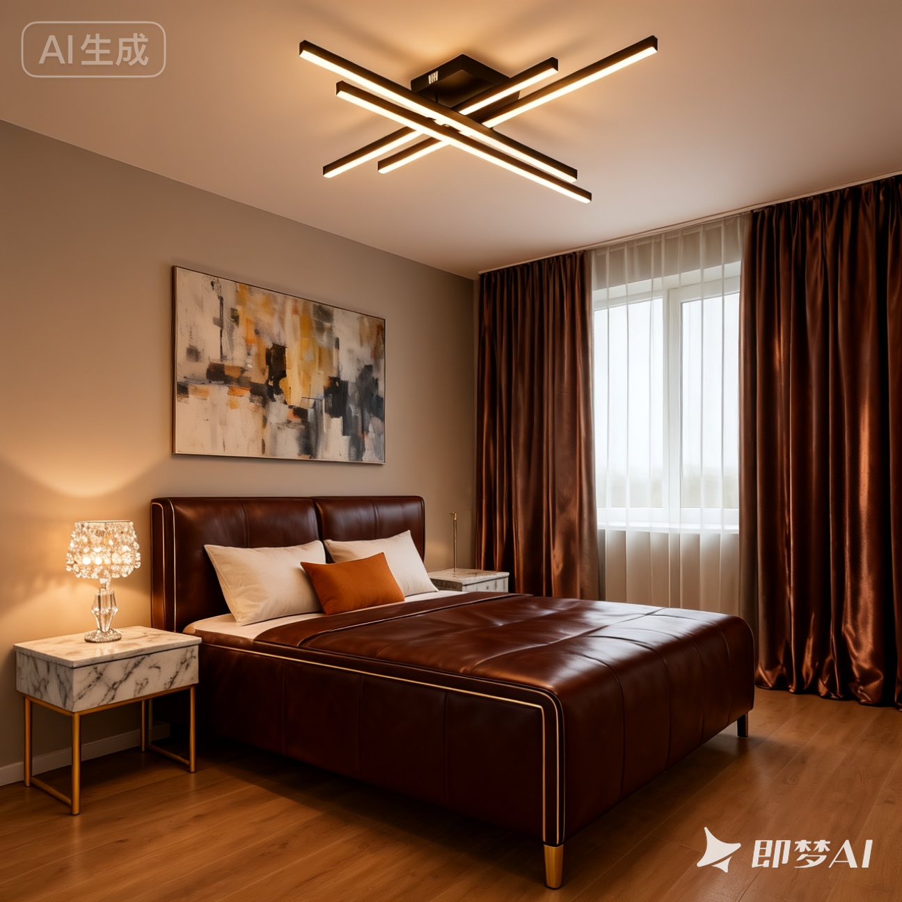 Lustra LED 9794/4BK neagra, 4 brate moderne si control prin telecomanda, iluminand un dormitor contemporan.