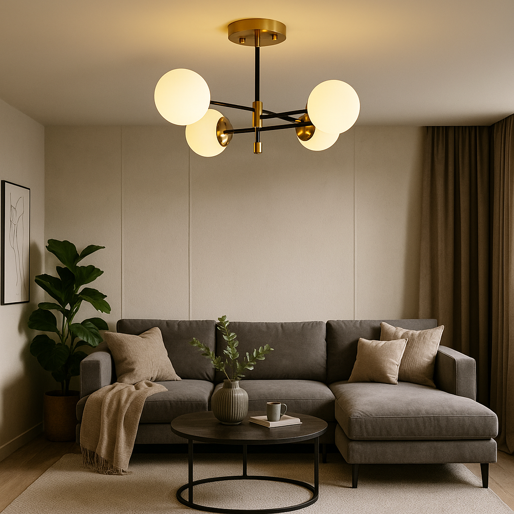 Lustra 8316/4 cu 4 globuri opal si socluri E27, ideal a pentru livinguri moderne care necesita iluminare calda si uniforma