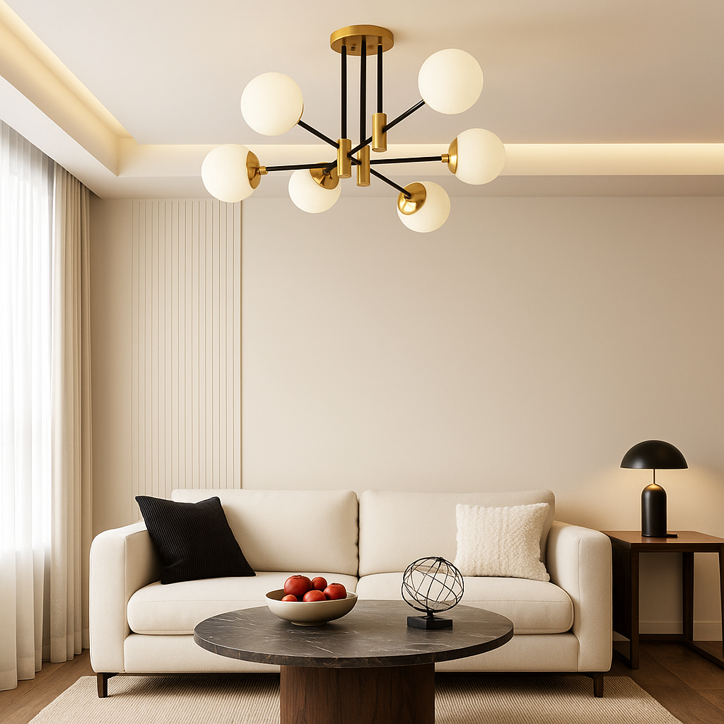 Lustra LED 8316/6 cu 6 globuri opal si socluri E27, ideal a pentru livinguri mari ce necesita lumin a uniforma si aspect retro modern