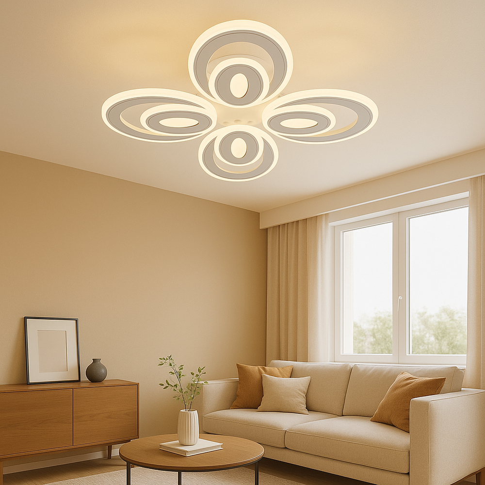 Lustra LED 19460/4+4WH+CR 80W cu lumina reglabila 3000–6500K si telecomanda, ideala pentru livinguri moderne ce necesita iluminare uniforma si finisaj alb-crom.