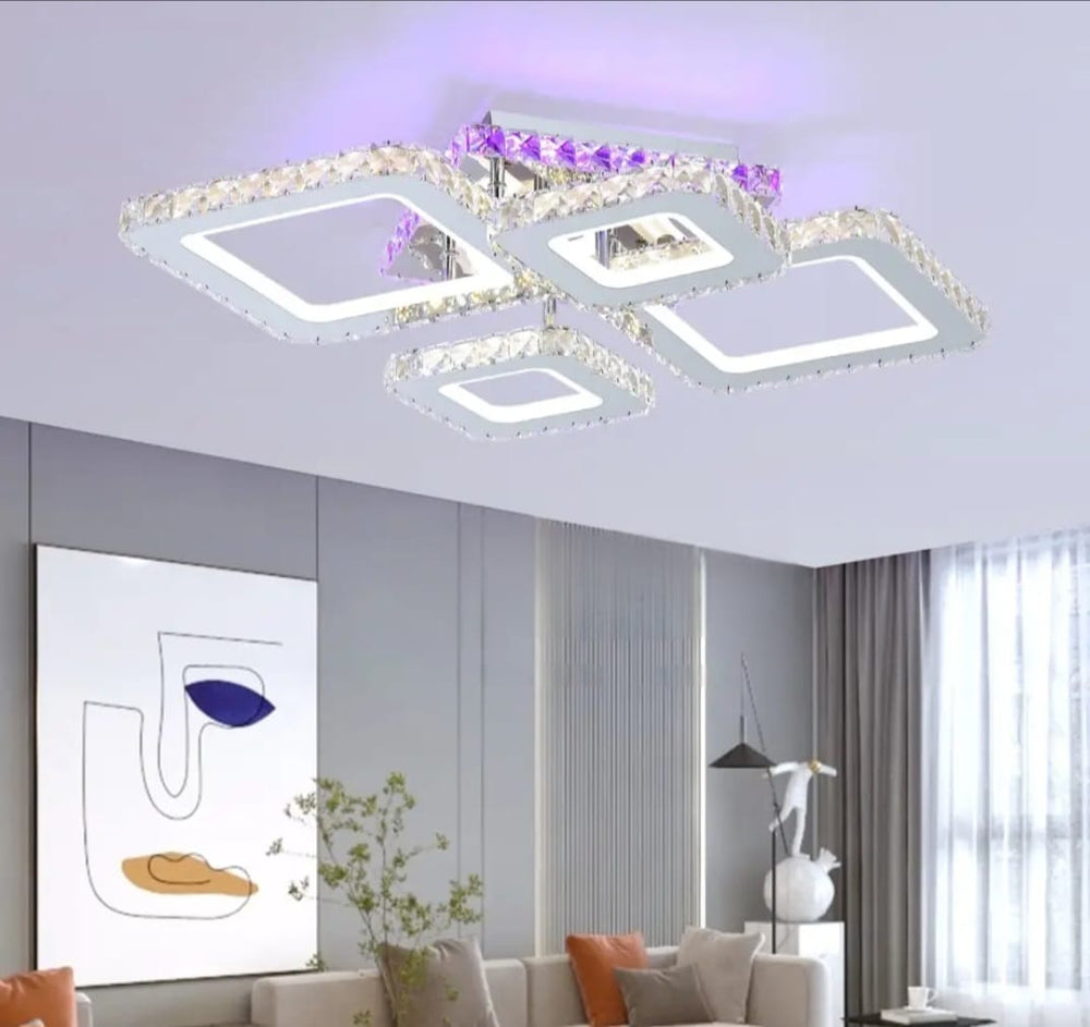 Lustra LED geometrica 200W cu flux 9350 lm si lumina reglabila 3500K-6500K cu telecomanda, montata in living modern pentru iluminare puternica si eleganta