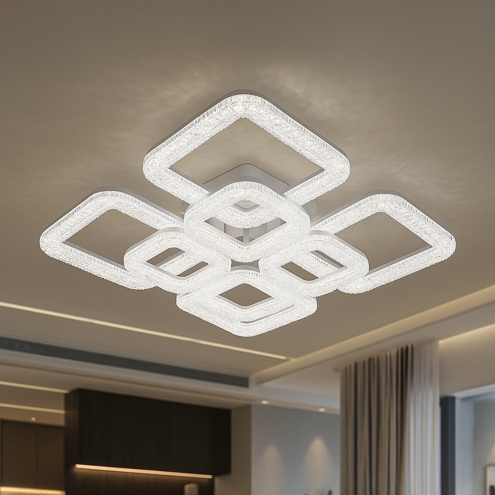 Lustra LED geometrica 192W cu 8 elemente si lumina reglabila 3000K-6500K cu telecomanda, montata in living modern pentru iluminare puternica, uniforma si eleganta