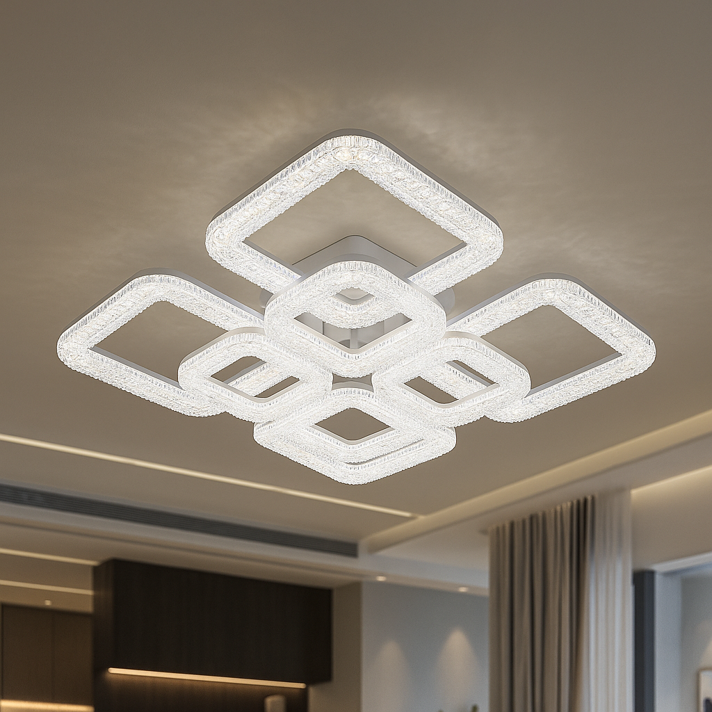 Lustra LED geometrica 192W cu 8 elemente si lumina reglabila 3000K-6500K cu telecomanda, montata in living modern pentru iluminare puternica, uniforma si eleganta