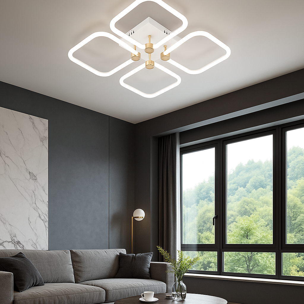 Lustra LED 26077/4FGD+WH 78W cu lumina reglabila 3000–6500K, ideala pentru living modern, oferind iluminare uniforma si telecomanda inclusa.
