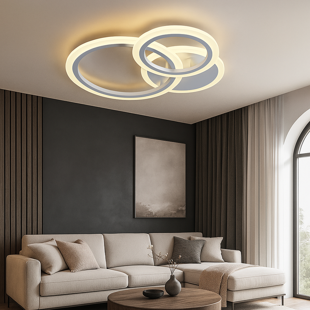 Lustra LED 8888/3 98W cu 3 cercuri suprapuse si telecomanda, ideal a pentru livinguri moderne cu lumin a reglabila si design elegant