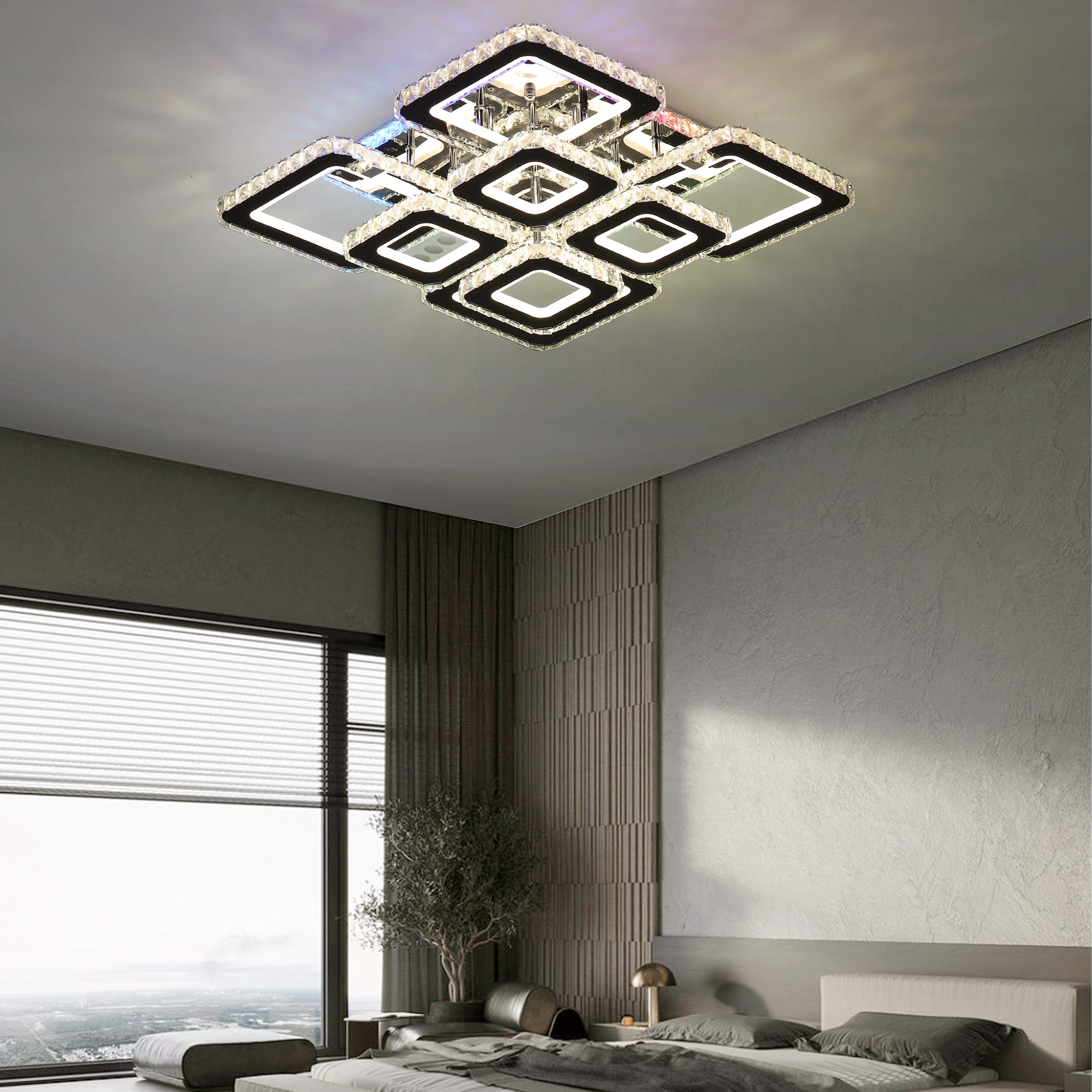 Lustra LED patrata 256W cu efect Halo si lumina reglabila 3500K-6500K cu telecomanda, potrivita pentru dormitoare moderne cu iluminare confortabila