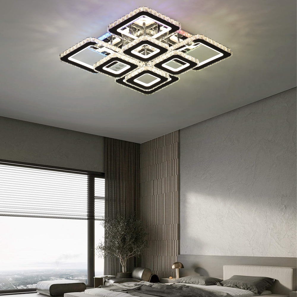 Lustra LED patrata 256W cu efect Halo si lumina reglabila 3500K-6500K cu telecomanda, potrivita pentru dormitoare moderne cu iluminare confortabila