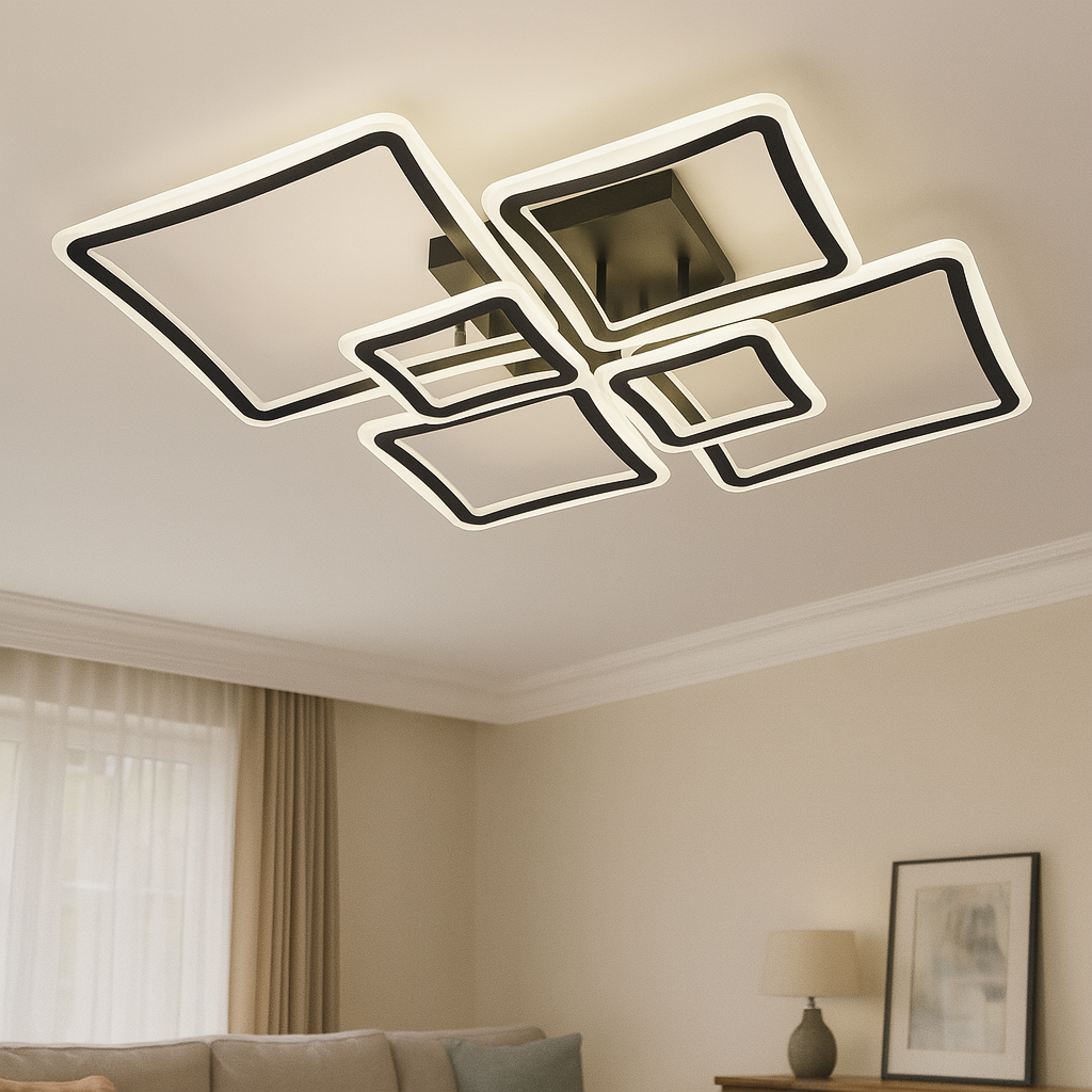 Lustra LED geometrica 168W cu 6 module si lumina reglabila 3000K-6500K cu telecomanda, montata in living modern pentru iluminare eleganta si puternica