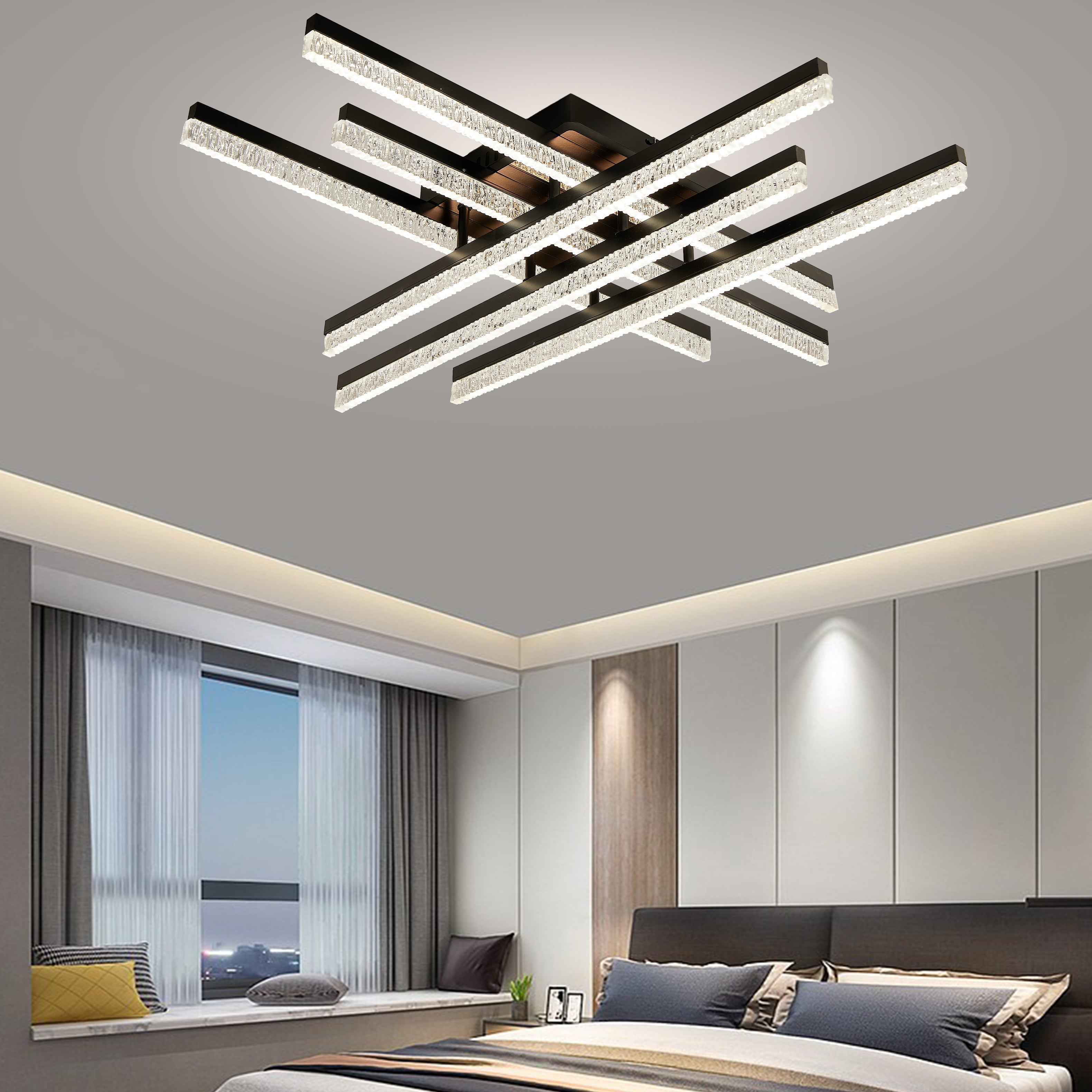 Lustra LED geometrica 144W negru mat cu reglaj de lumina si telecomanda, potrivita pentru un dormitor modern cu iluminare confortabila si adaptabila