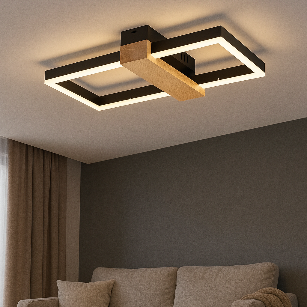 Lustra LED 9416/400+200 BK+WOOD cu design geometric si accente din lemn cu telecomanda