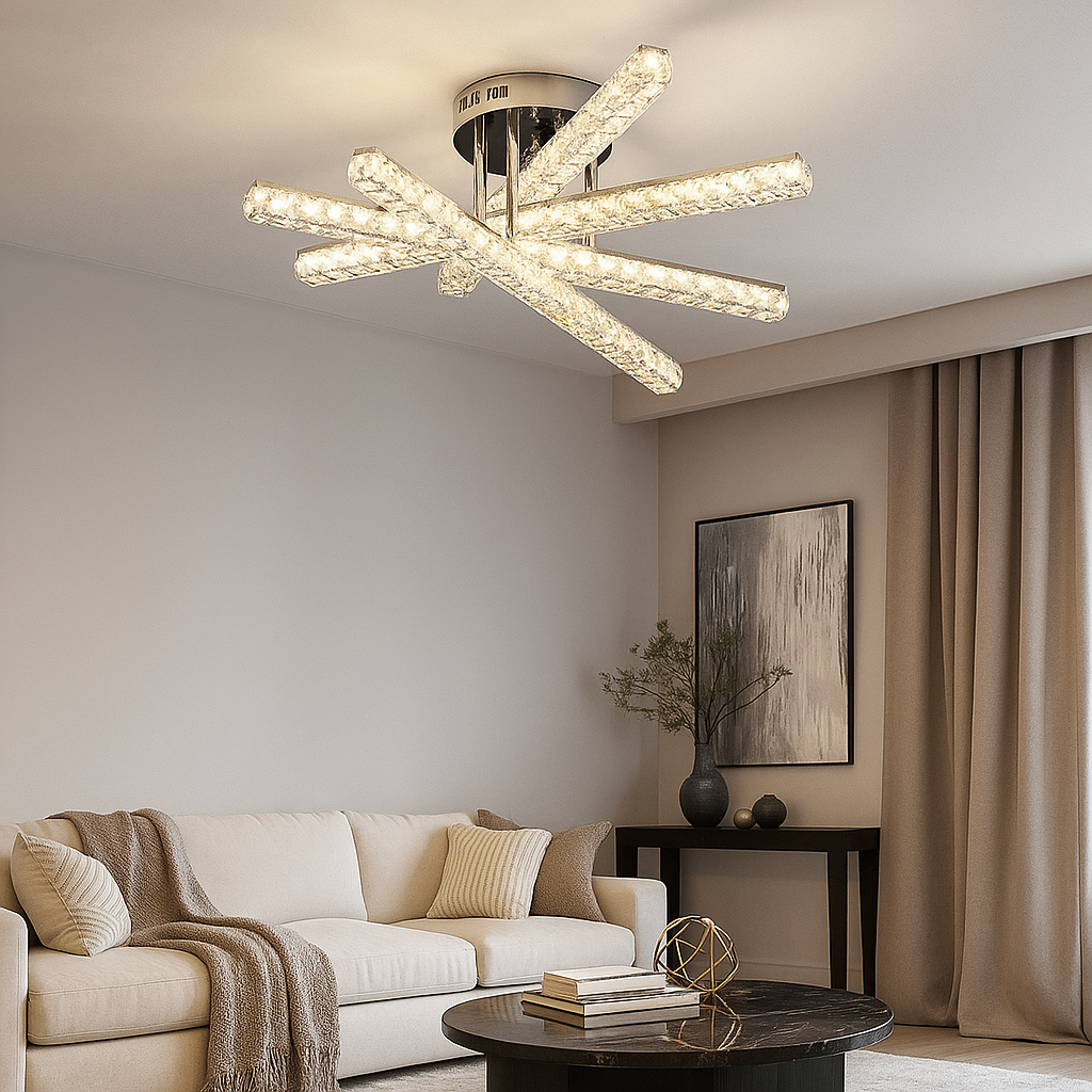 Lustra LED JB001-5 cu 5 brate incrucisate cristalizate, lumina reglabila si telecomanda, iluminand un living modern elegant.
