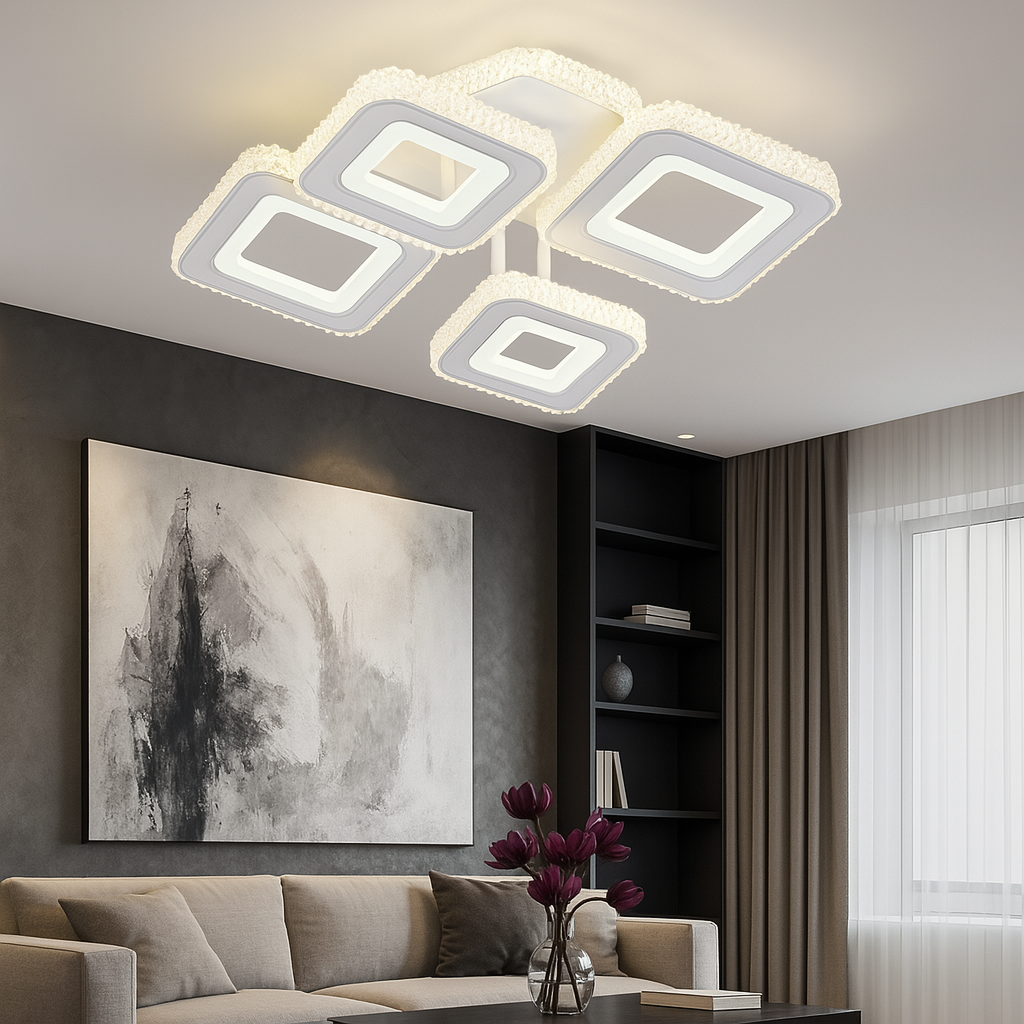 Lustra LED 26033/2+2C WH+CR 144W cu lumina reglabila 3000–6500K si telecomanda, ideala pentru livinguri moderne ce necesita iluminare eficienta cu finisaj alb-crom.