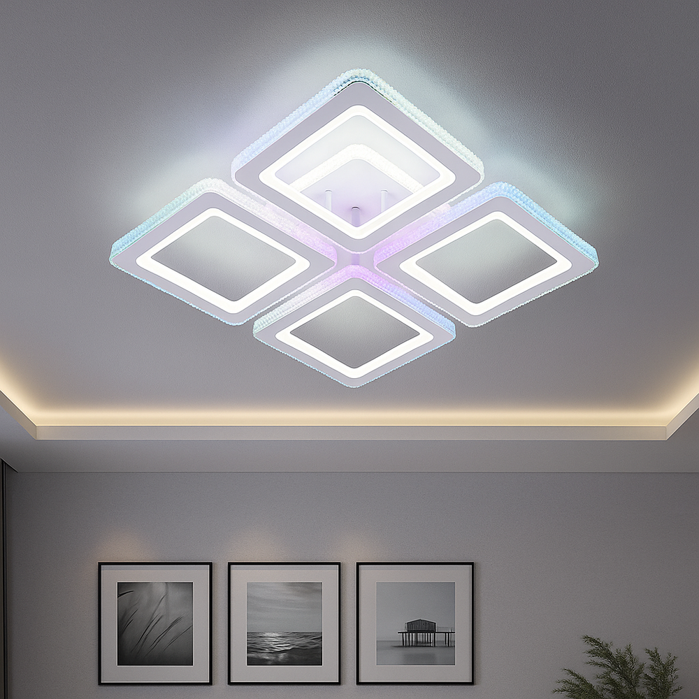 Lustra LED 26033/4C WH 59W cu 208 LED-uri si lumina 3000–6500K, cu telecomanda, ideala pentru livinguri moderne ce necesita iluminare eficienta cu design patrat.