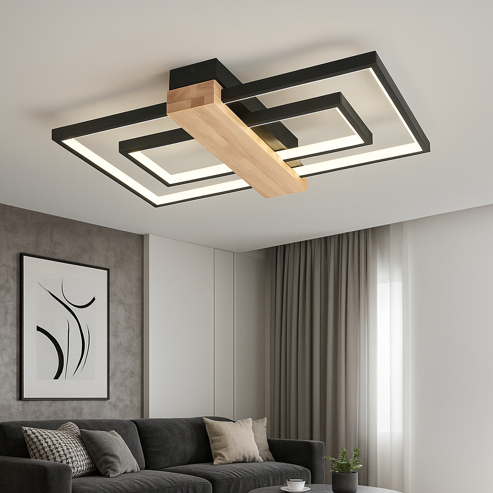 Lustra LED 9417/580+300 BK+WOOD cu design negru si accente din lemn cu telecomanda