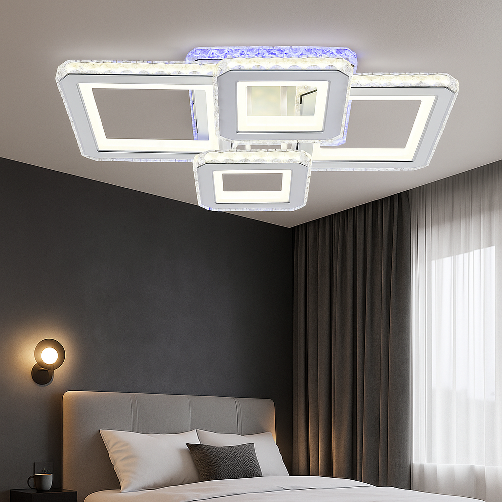 Lustra LED 170W WH+CR cu 4 patrate si lumina reglabila 3000K-6500K, potrivita pentru dormitor modern cu iluminare confortabila si estetica contemporana