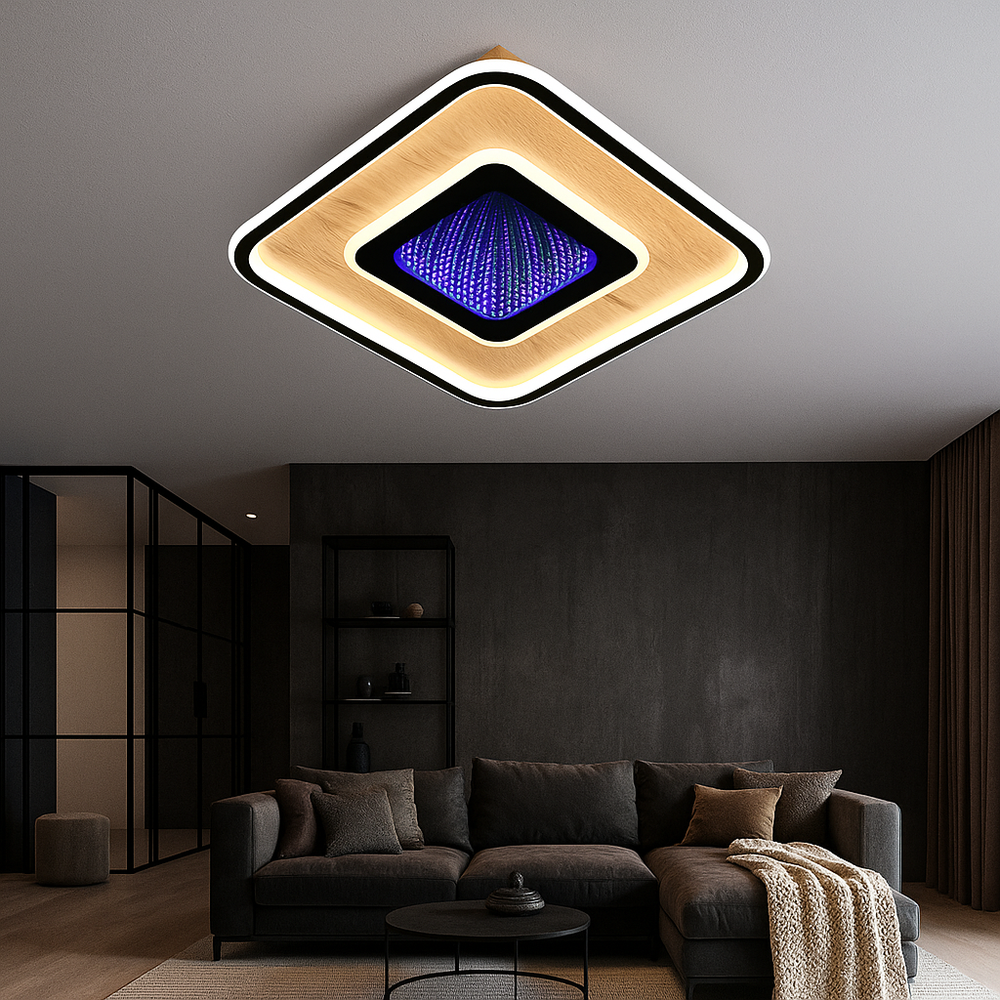 Lustra LED 9426/400 BK+WOOD GRAIN cu design patrat si finisaj lemn natural cu telecomanda