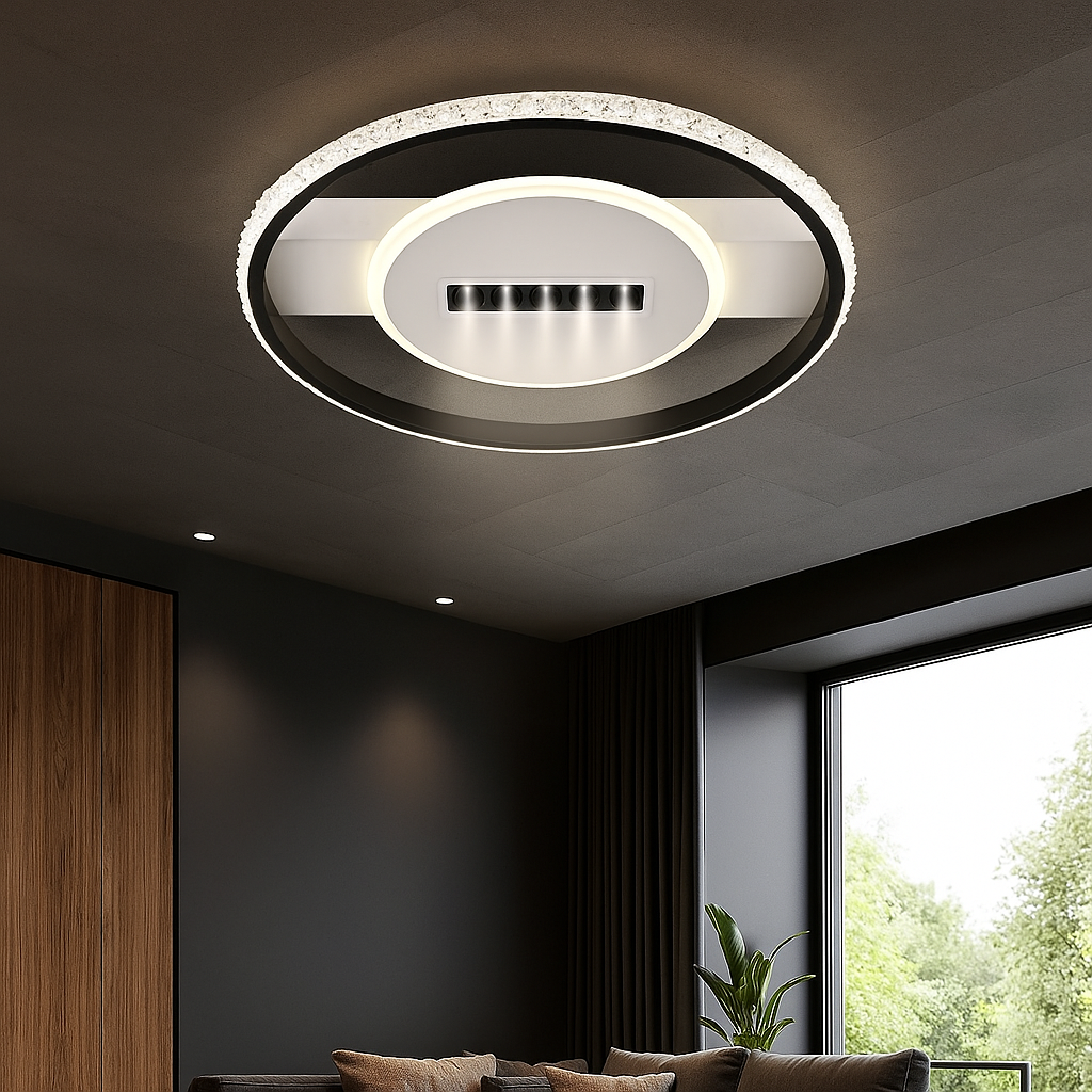 Lustra LED 9334/3BK+WH rectangulara 91W, potrivita pentru living modern cu lumin a reglabila si design alb negru contemporan