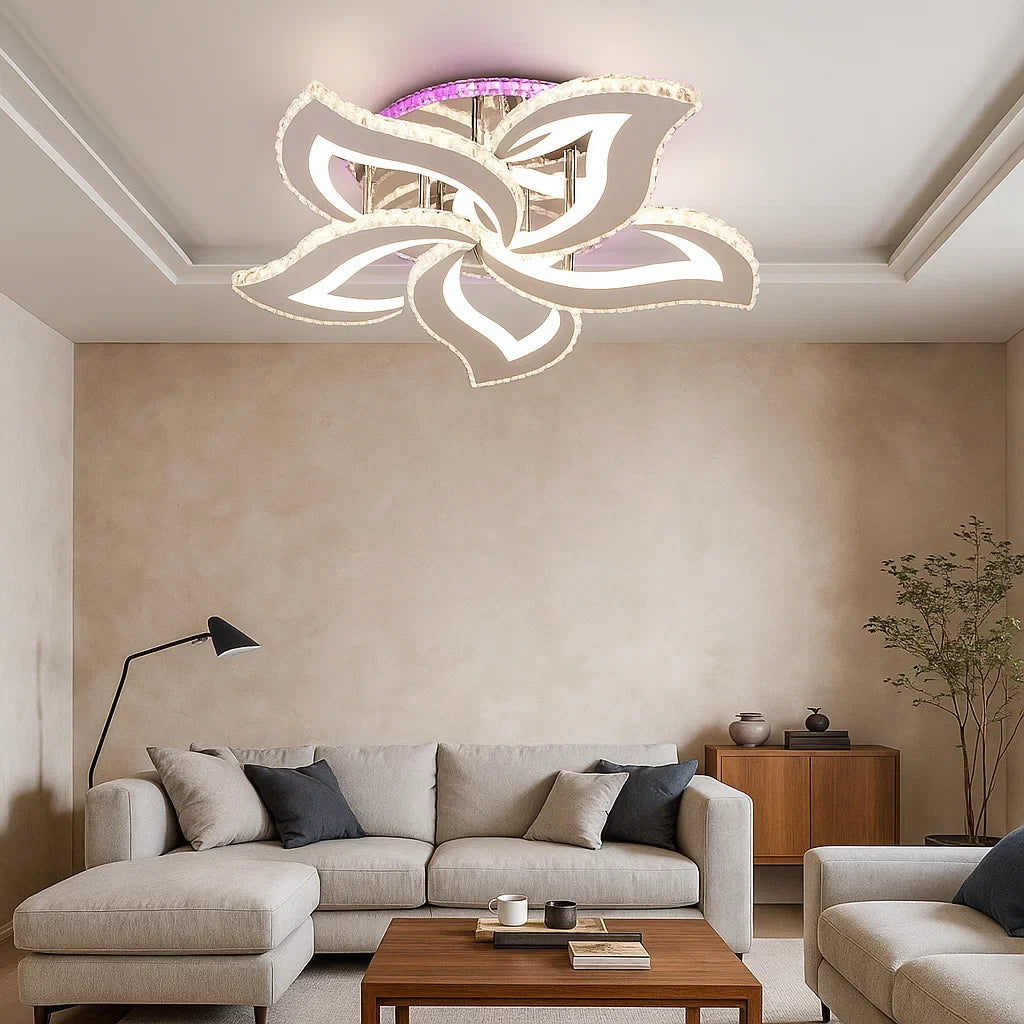 Lustra LED rotunda 156W cu efecte RGB si lumina reglabila 3500K-6500K cu telecomanda, montata in living modern pentru iluminare decorativa si puternica