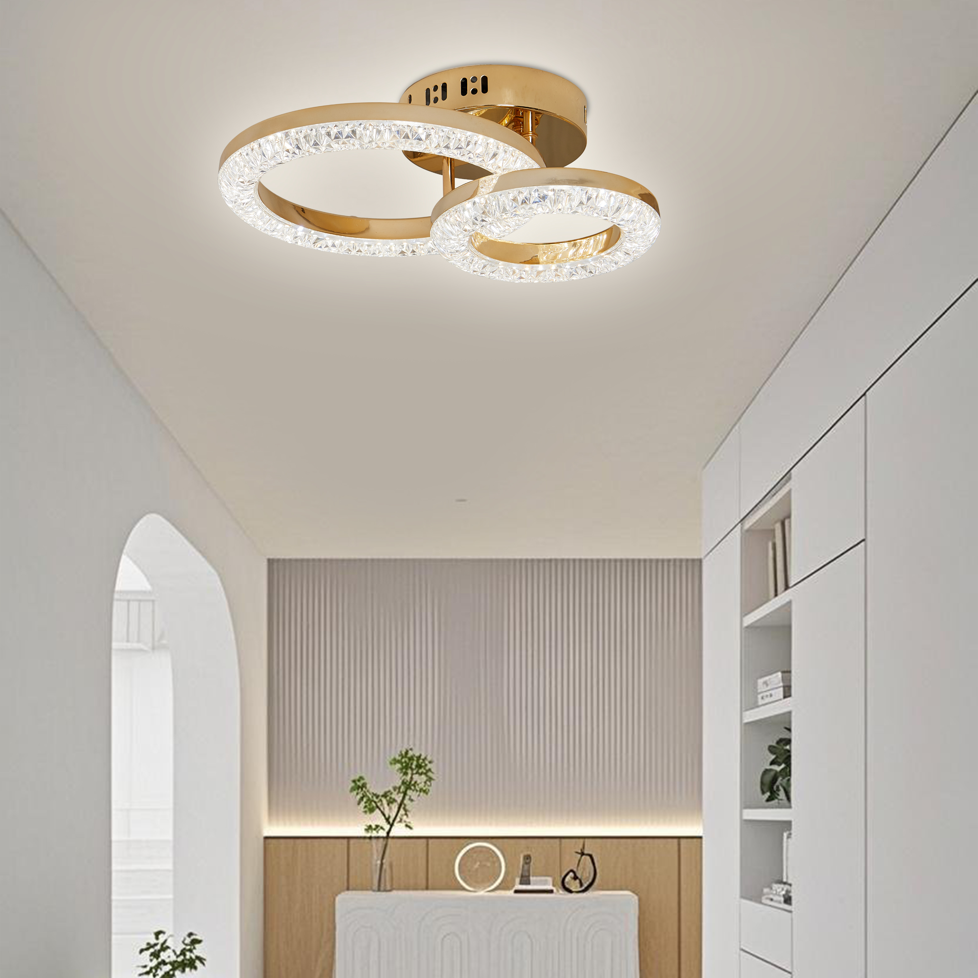 Lustra LED compacta 80W cu lumina reglabila 3300K-6500K si telecomanda, ideala pentru hol modern cu iluminare clara si uniforma